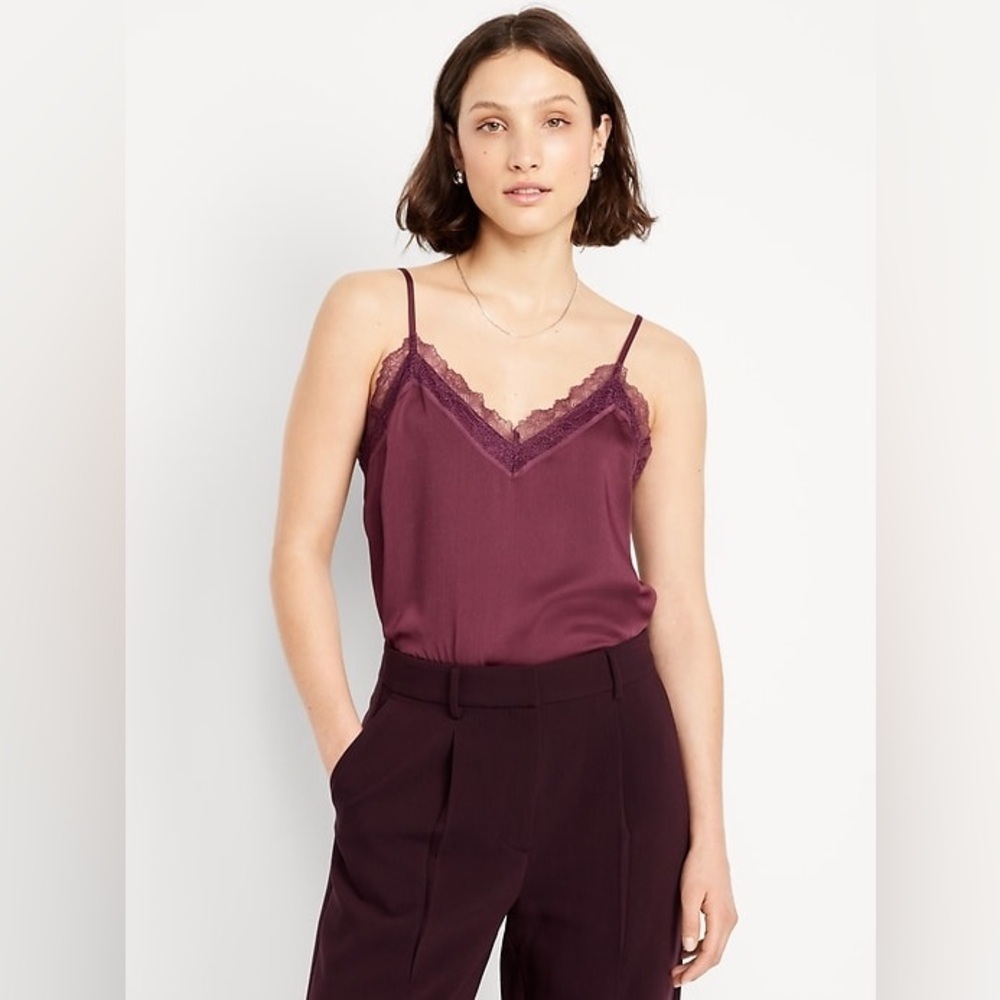 NWT Old Navy Lace-Trim Satin Cami Top, Size Medium Tall, Cherry Bark